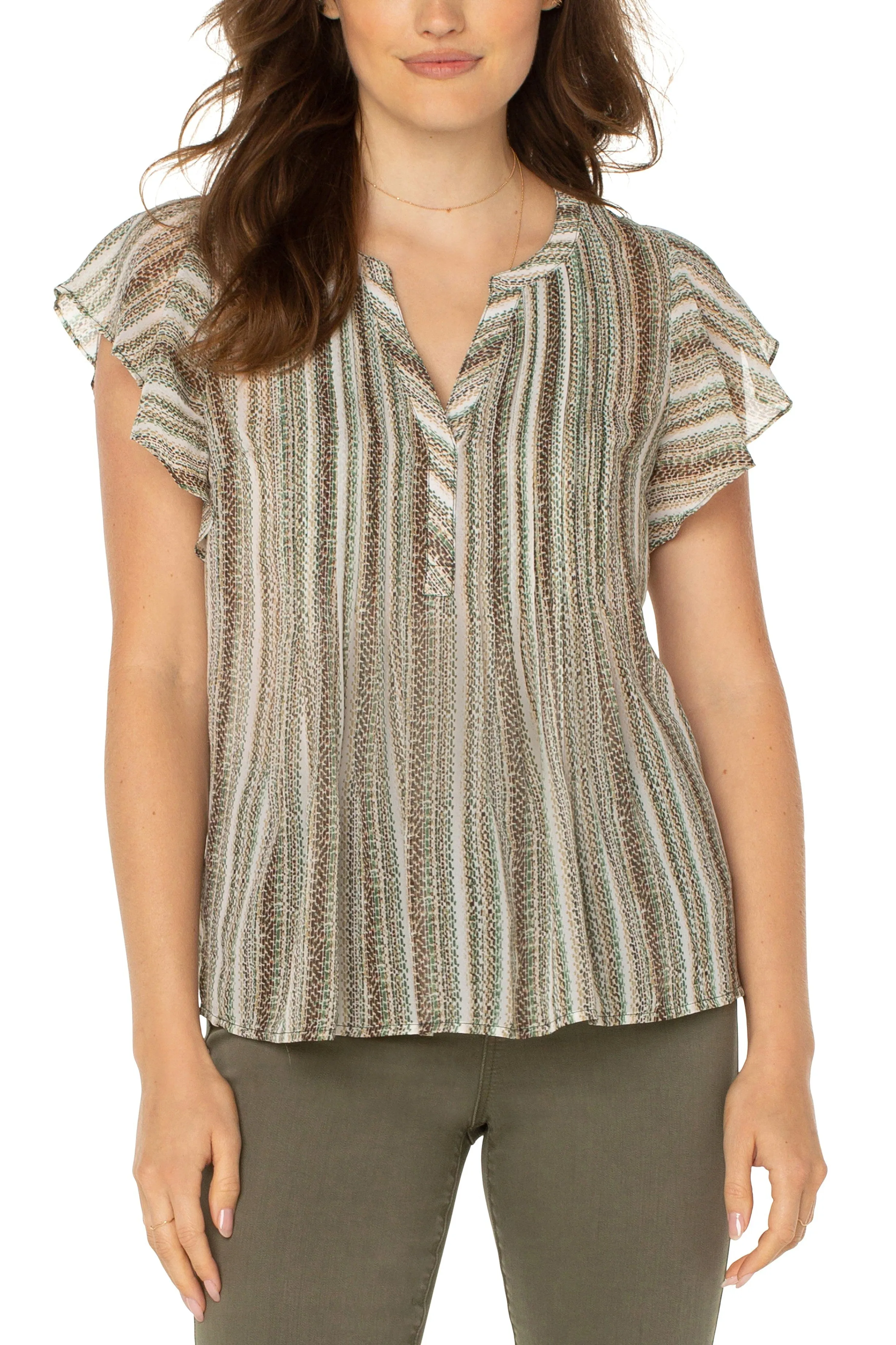 Liverpool Flutter Sleeve Popover Blouse With Pin Tuck In Animal Multi Stripe Print