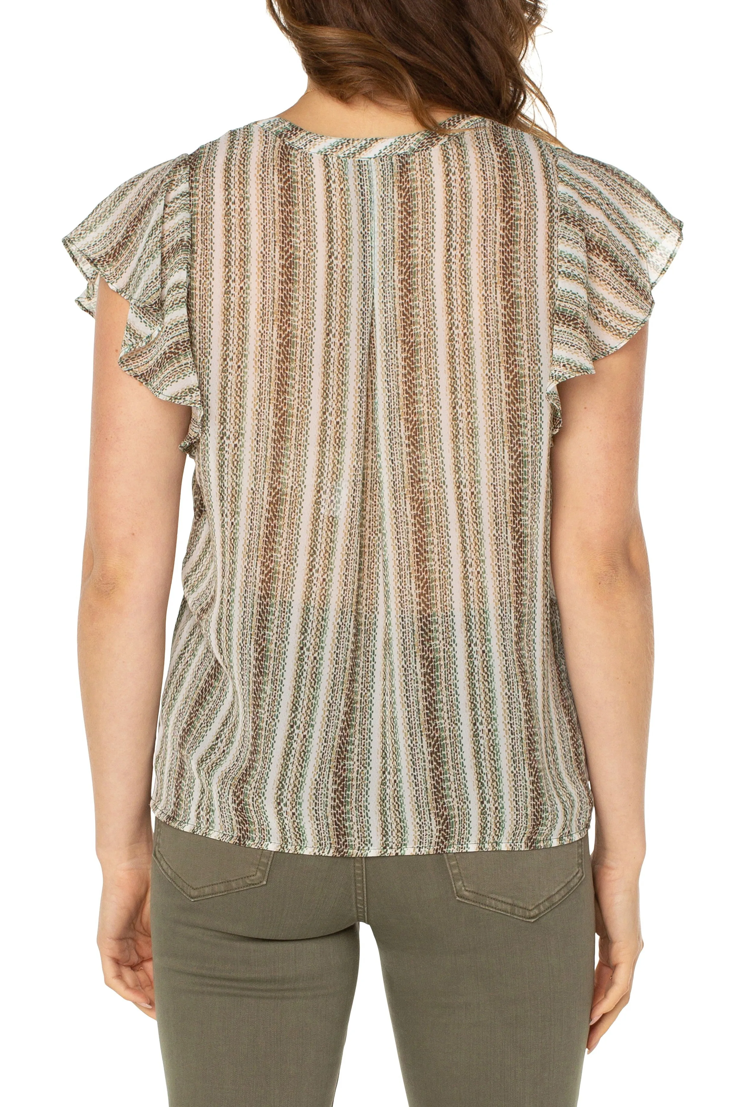 Liverpool Flutter Sleeve Popover Blouse With Pin Tuck In Animal Multi Stripe Print