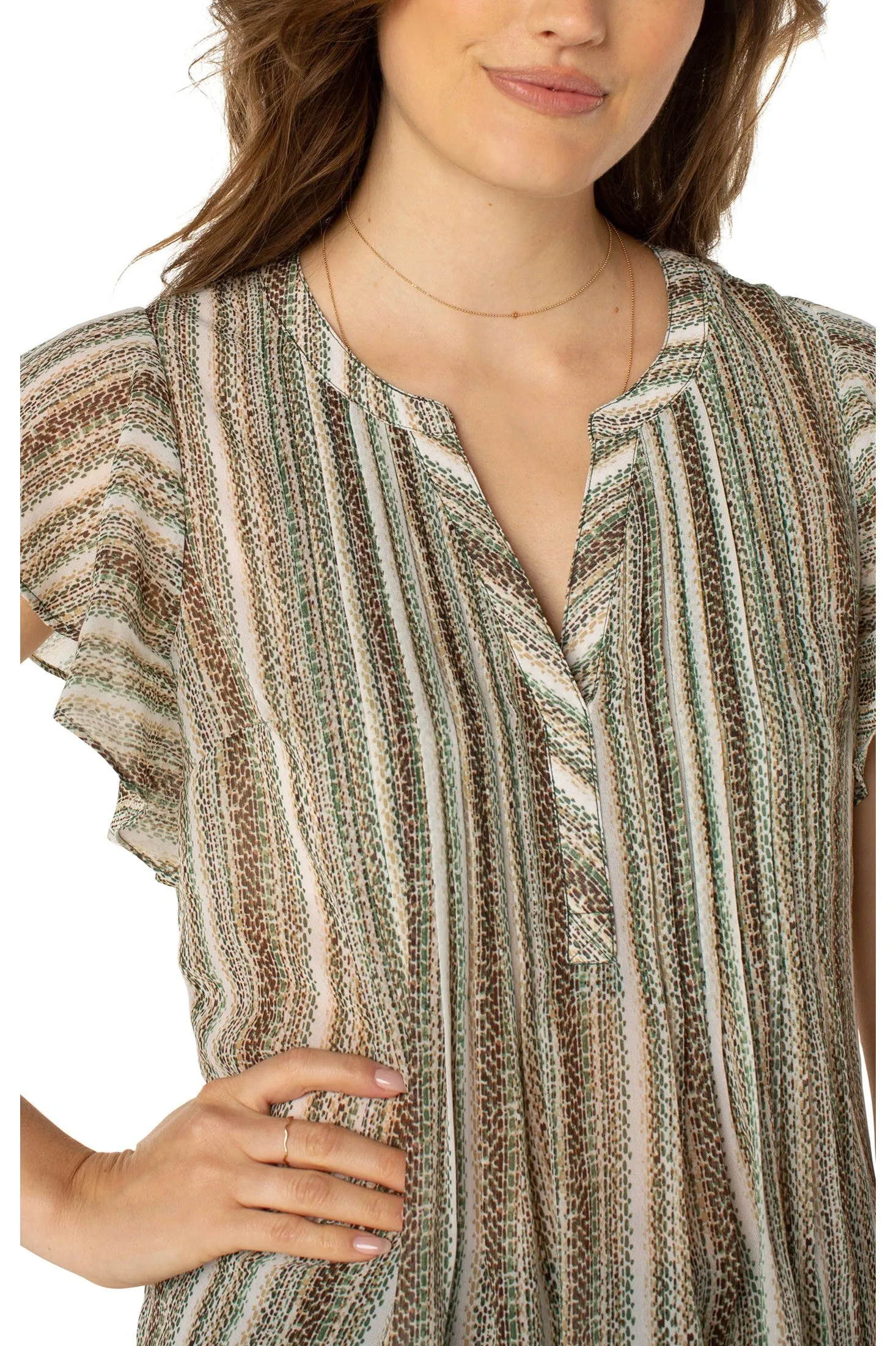 Liverpool Flutter Sleeve Popover Blouse With Pin Tuck In Animal Multi Stripe Print