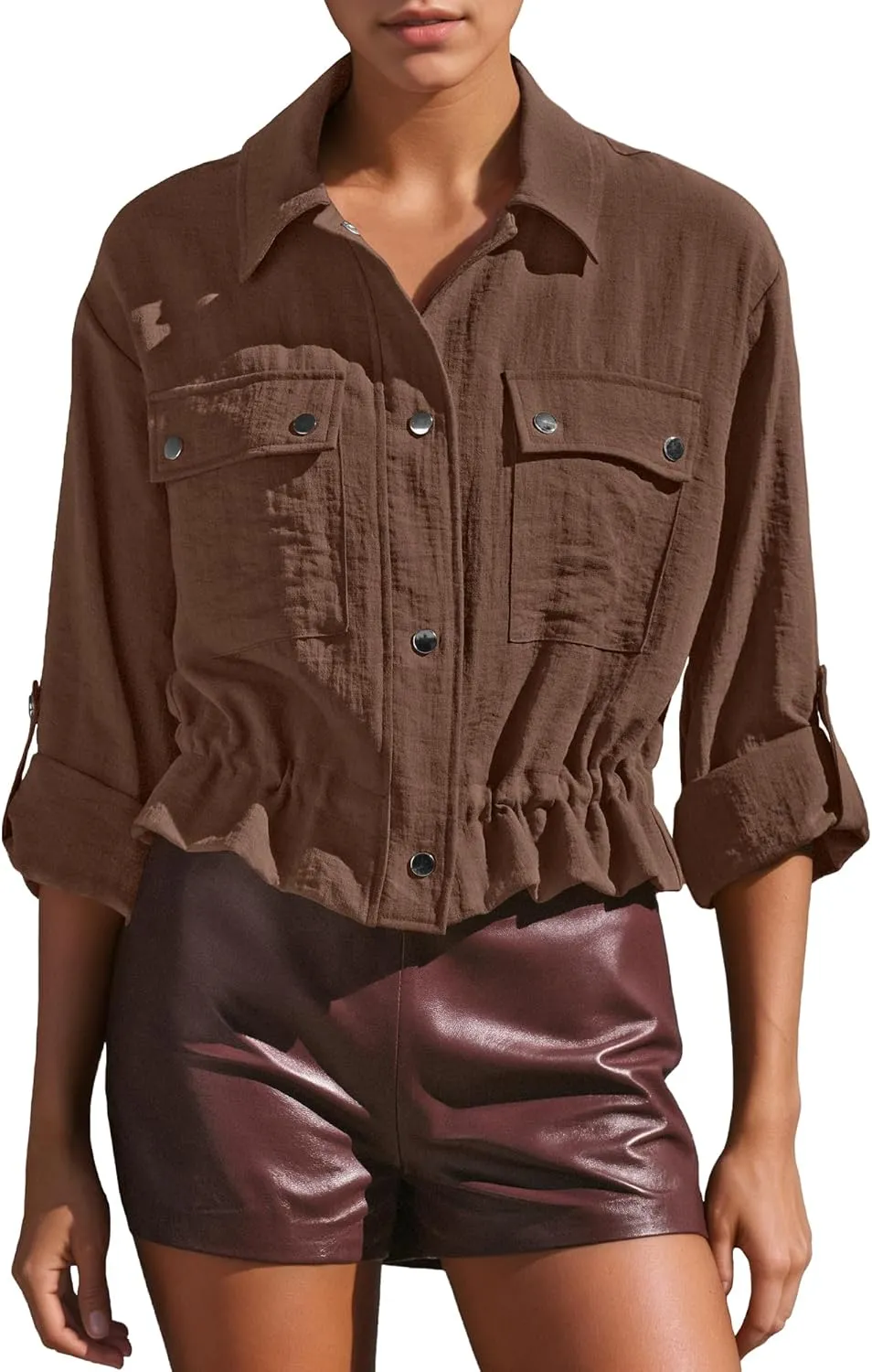Locachy Women's Casual Lapel Cropped Jacket Lightweight Button Down Short Shirts Blouses Tops with Pockets