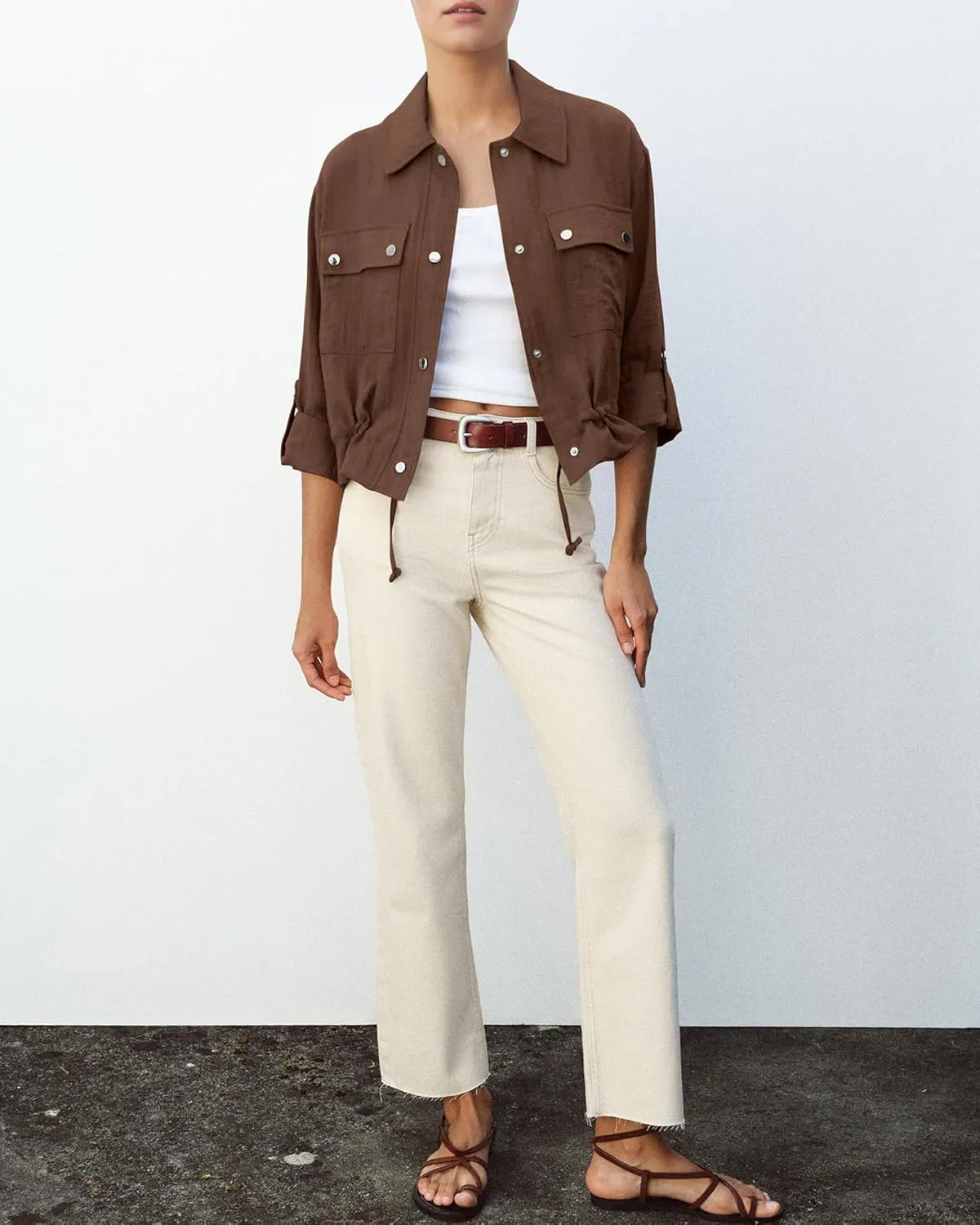 Locachy Women's Casual Lapel Cropped Jacket Lightweight Button Down Short Shirts Blouses Tops with Pockets
