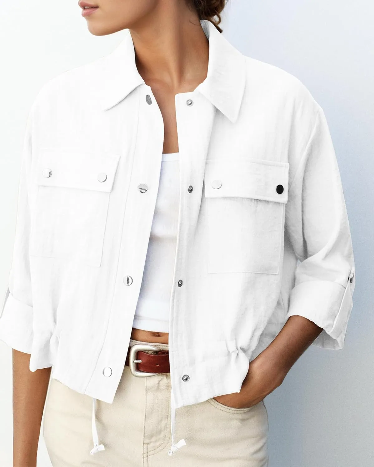 Locachy Women's Casual Lapel Cropped Jacket Lightweight Button Down Short Shirts Blouses Tops with Pockets