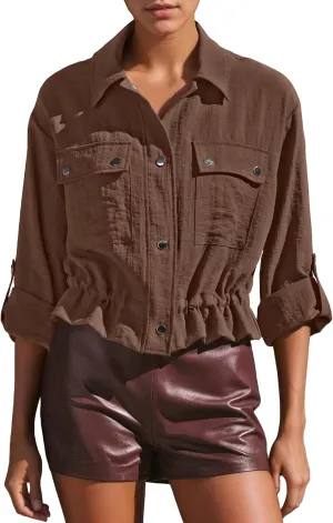 Locachy Women's Casual Lapel Cropped Jacket Lightweight Button Down Short Shirts Blouses Tops with Pockets