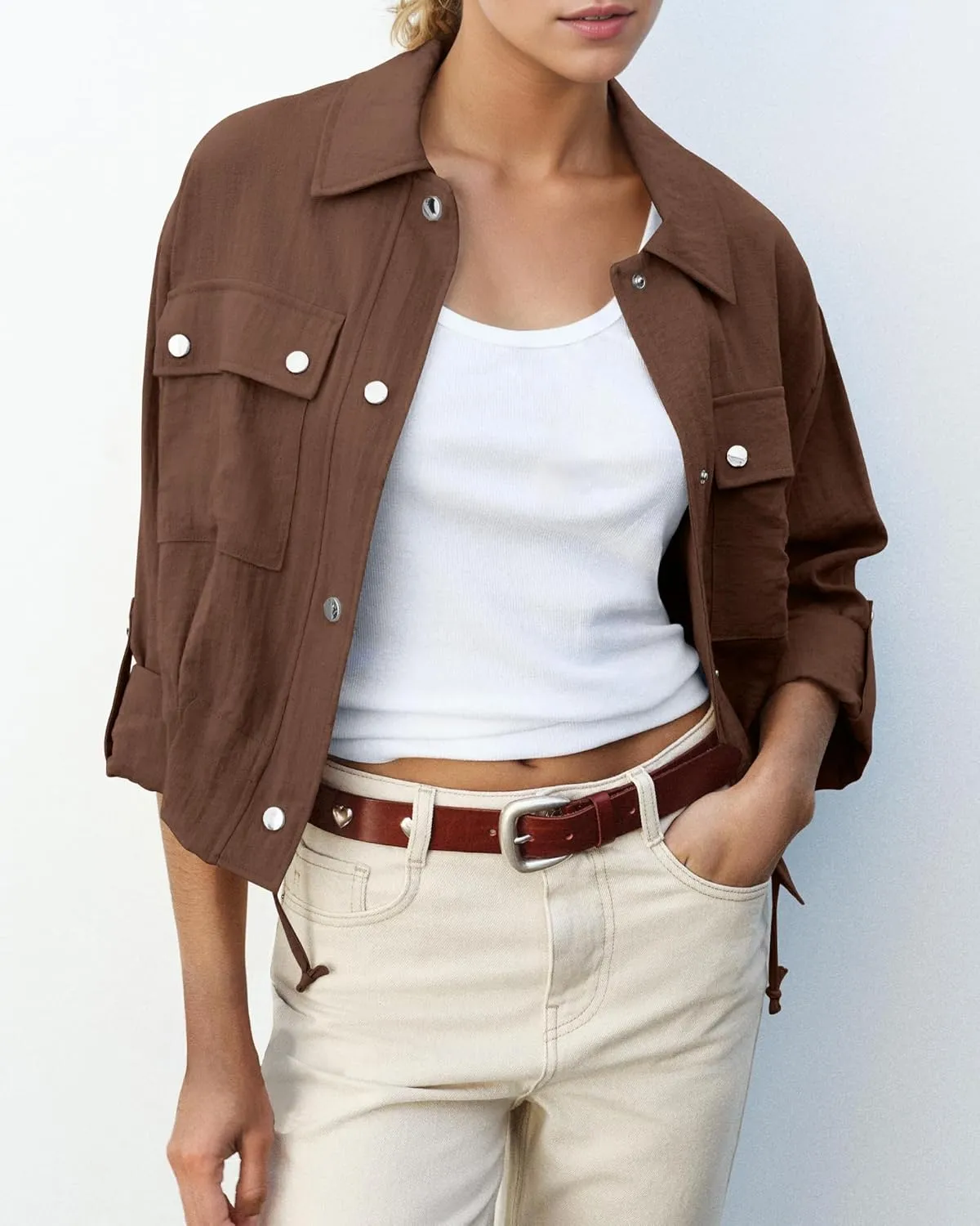 Locachy Women's Casual Lapel Cropped Jacket Lightweight Button Down Short Shirts Blouses Tops with Pockets