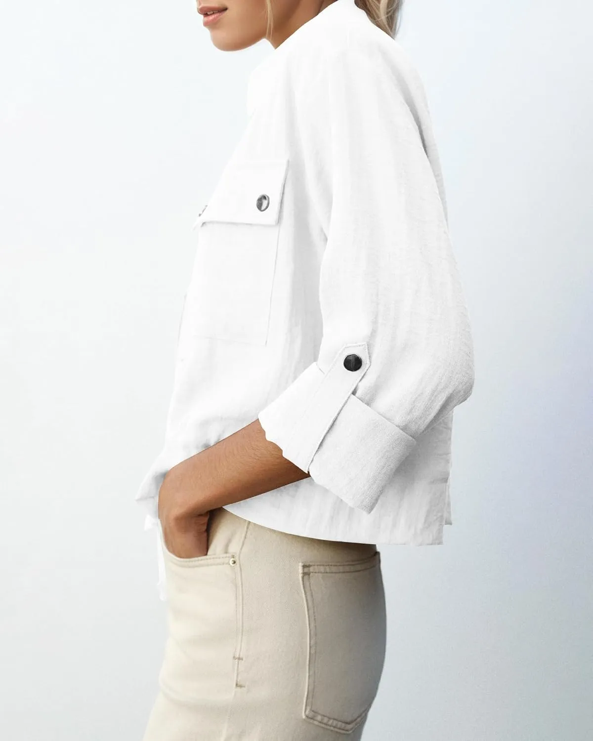 Locachy Women's Casual Lapel Cropped Jacket Lightweight Button Down Short Shirts Blouses Tops with Pockets