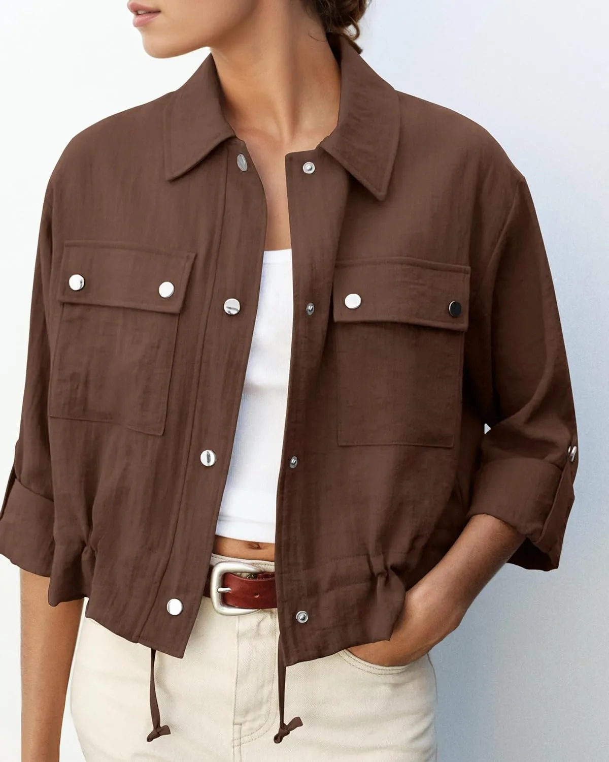 Locachy Women's Casual Lapel Cropped Jacket Lightweight Button Down Short Shirts Blouses Tops with Pockets