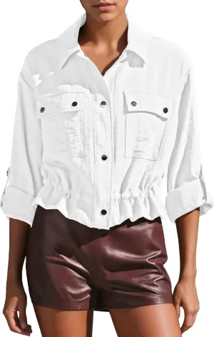 Locachy Women's Casual Lapel Cropped Jacket Lightweight Button Down Short Shirts Blouses Tops with Pockets