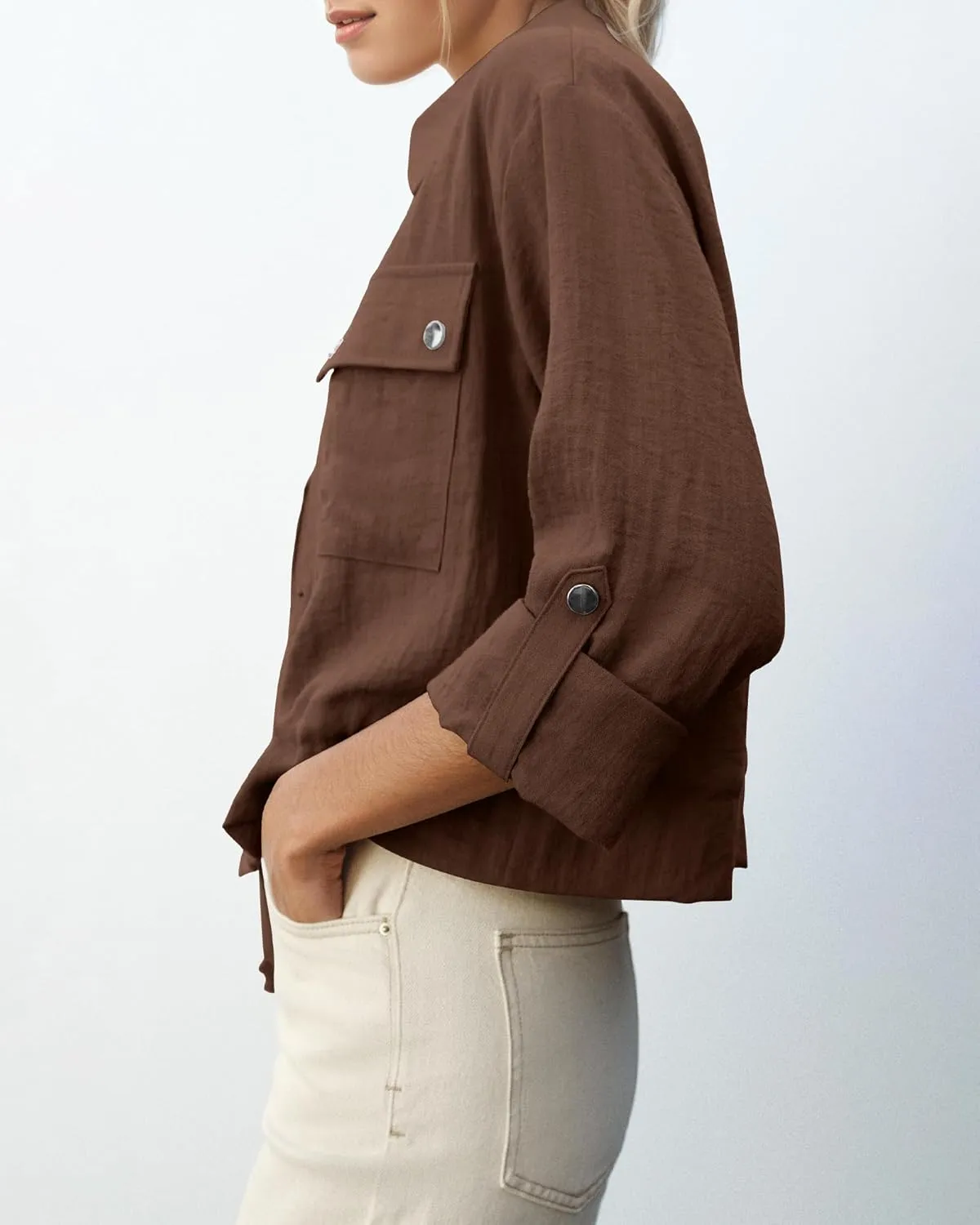 Locachy Women's Casual Lapel Cropped Jacket Lightweight Button Down Short Shirts Blouses Tops with Pockets