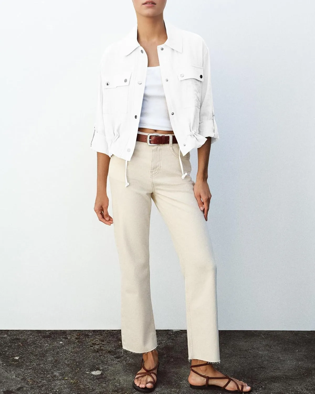 Locachy Women's Casual Lapel Cropped Jacket Lightweight Button Down Short Shirts Blouses Tops with Pockets