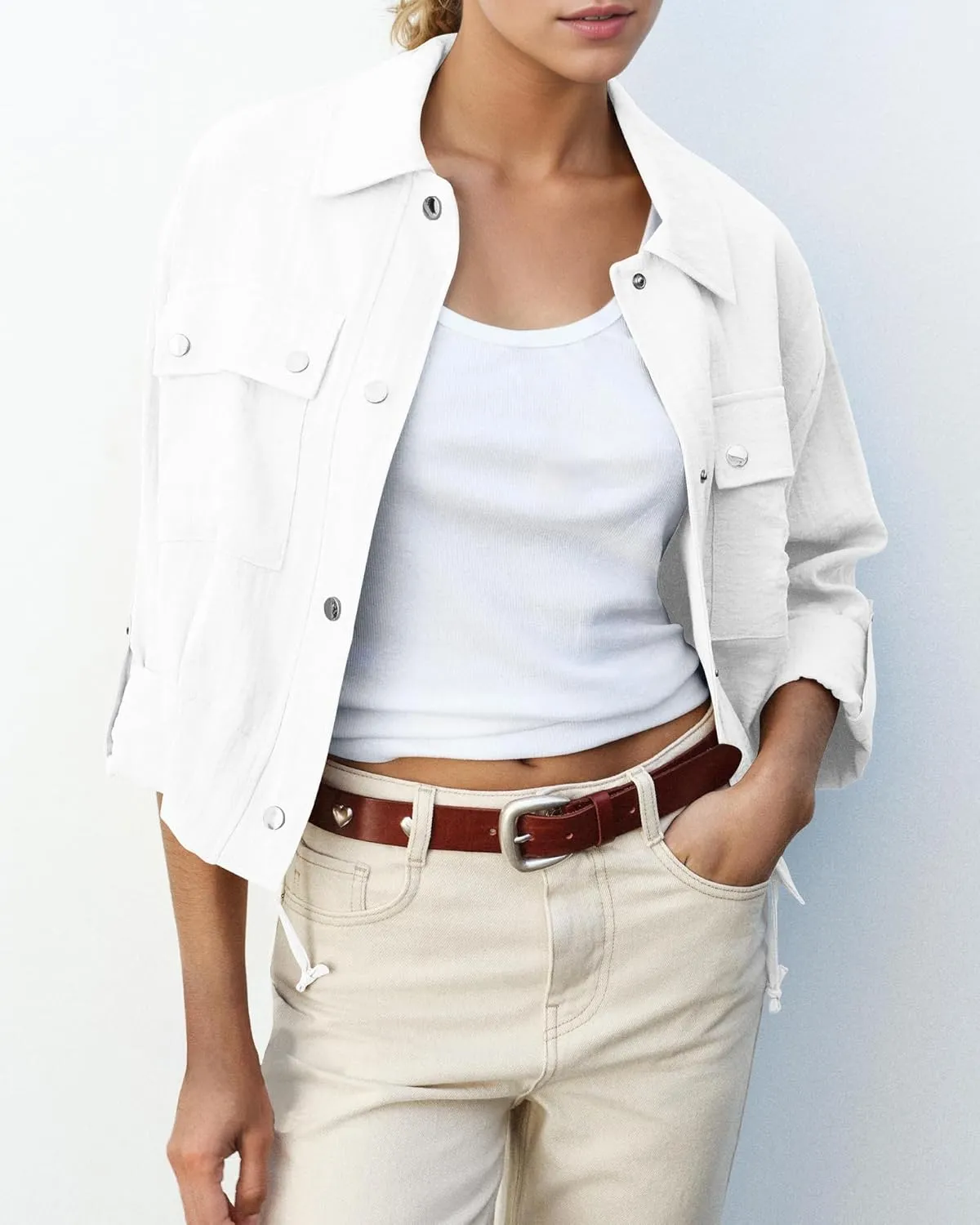 Locachy Women's Casual Lapel Cropped Jacket Lightweight Button Down Short Shirts Blouses Tops with Pockets