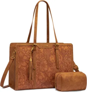 LOVEVOOK 15.6 Inch Laptop Bag for Women,Vintage Leather Work Tote with Clutch Purse, Large Capacity Computer Bag for Office, Travel,Casual Use