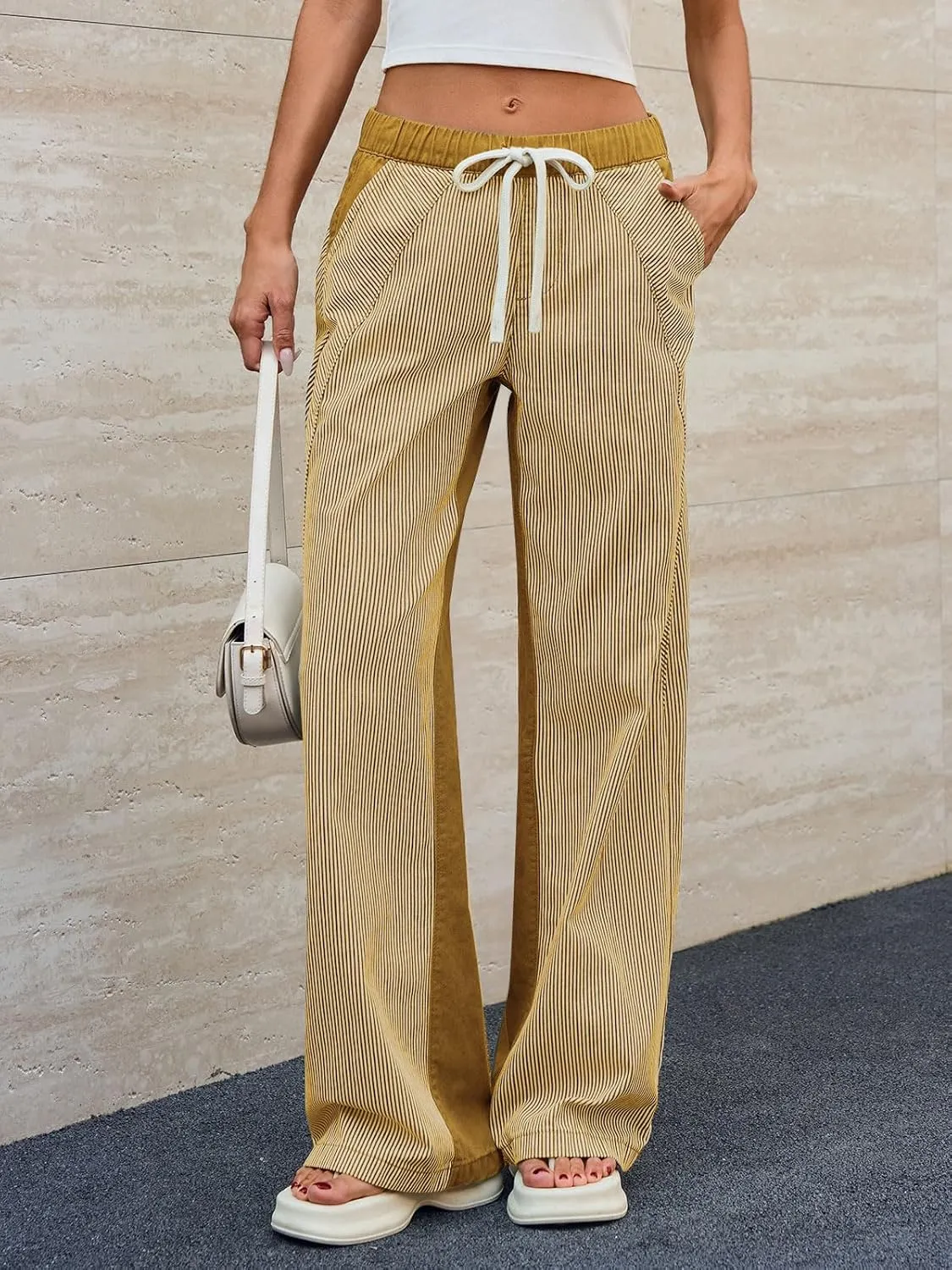 Low Rise Striped Pants for Women Pull On Drawstring Boho Wide Leg Jeans Trendy 2025