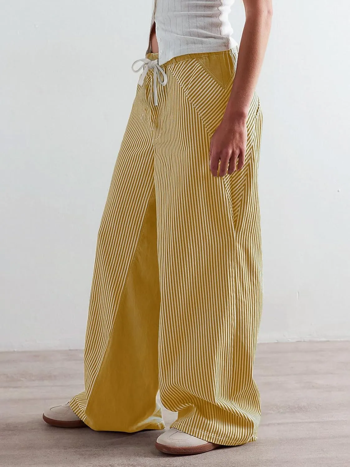 Low Rise Striped Pants for Women Pull On Drawstring Boho Wide Leg Jeans Trendy 2025