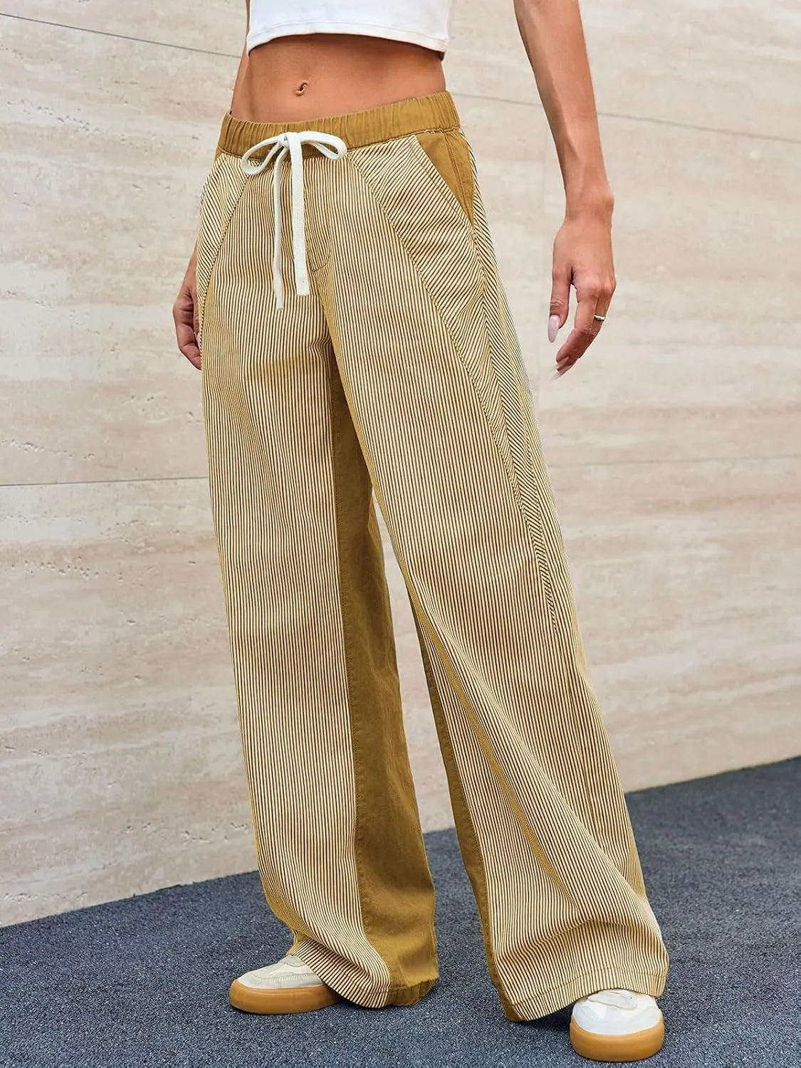 Low Rise Striped Pants for Women Pull On Drawstring Boho Wide Leg Jeans Trendy 2025