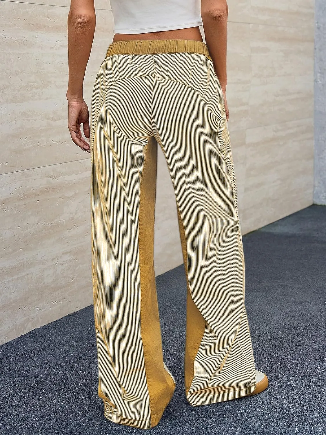 Low Rise Striped Pants for Women Pull On Drawstring Boho Wide Leg Jeans Trendy 2025