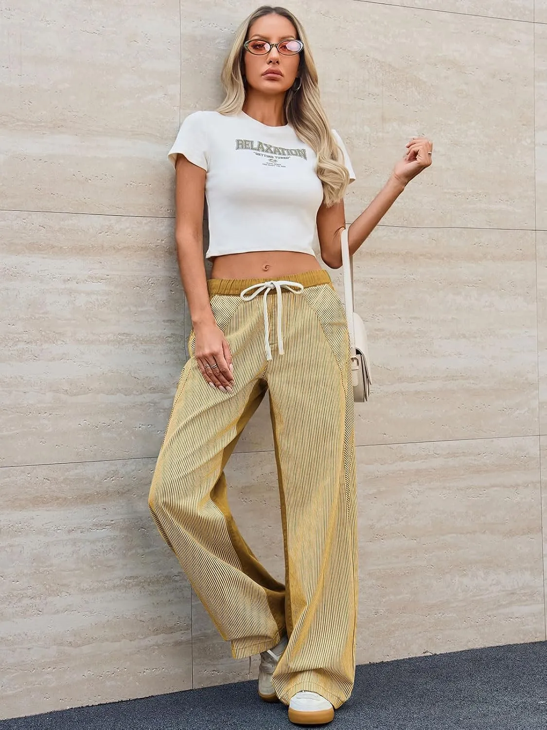 Low Rise Striped Pants for Women Pull On Drawstring Boho Wide Leg Jeans Trendy 2025