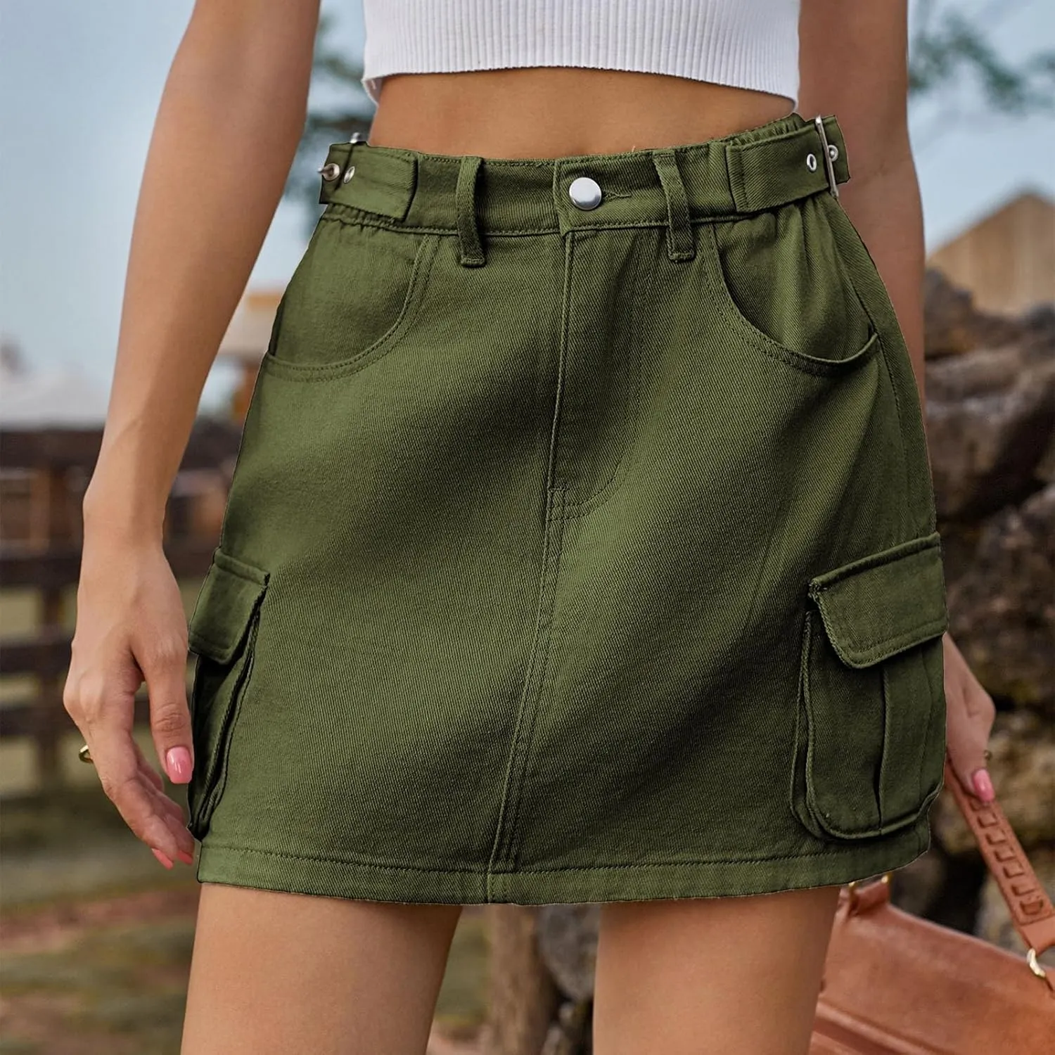 Low Waist Cargo Skirt Women Button Mini Cargo Denim Skirt with Pocket Mini Skirt Casual Distressed Denim Short Skirt