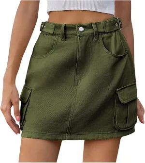 Low Waist Cargo Skirt Women Button Mini Cargo Denim Skirt with Pocket Mini Skirt Casual Distressed Denim Short Skirt