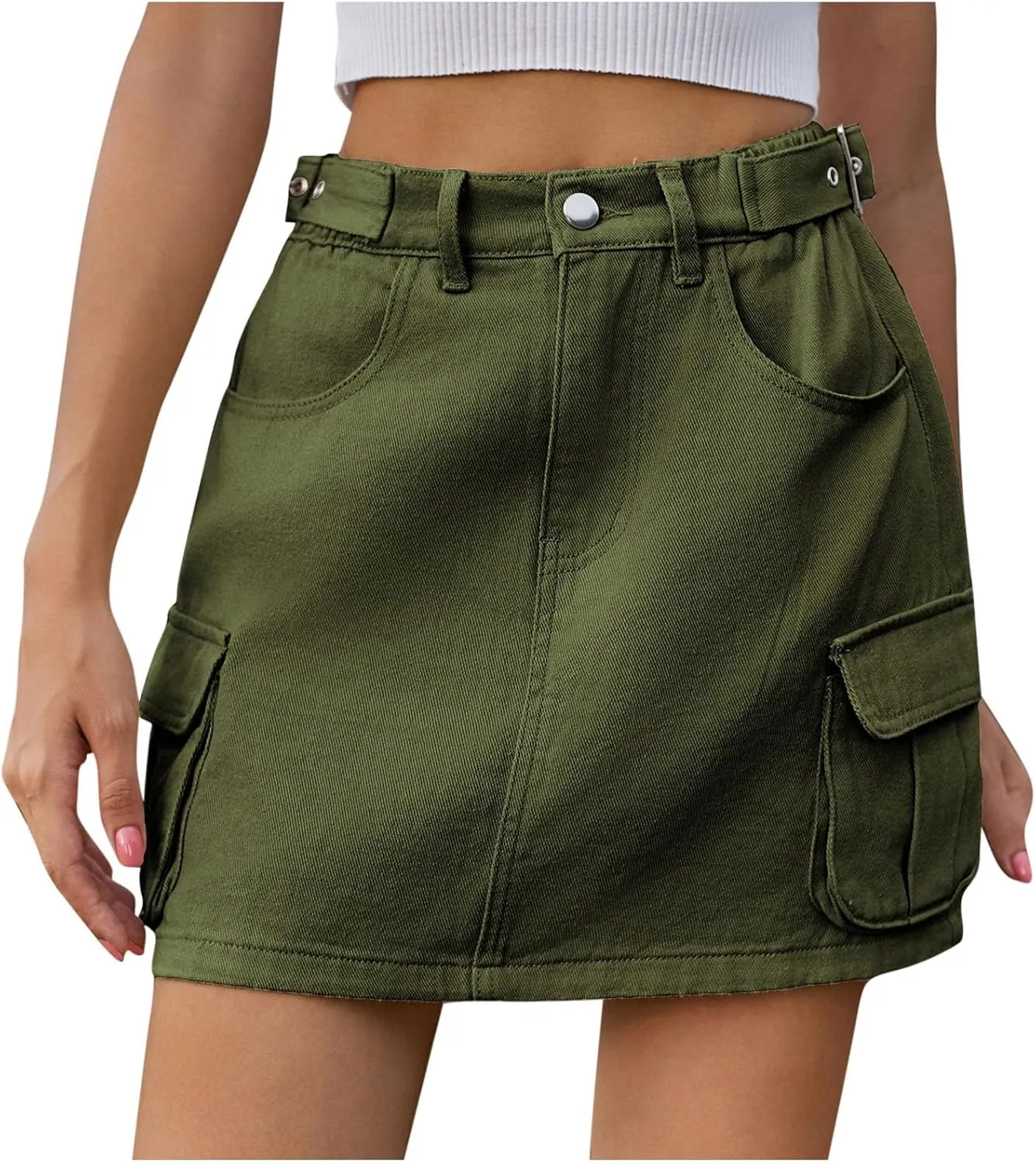 Low Waist Cargo Skirt Women Button Mini Cargo Denim Skirt with Pocket Mini Skirt Casual Distressed Denim Short Skirt
