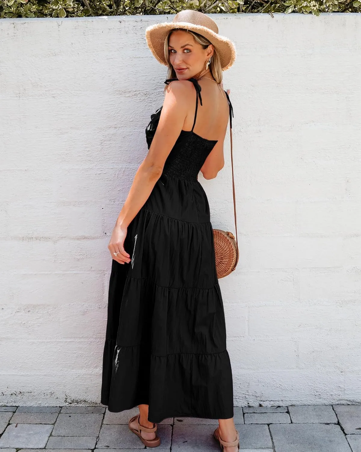 luvamia Long Flowy Dresses for Women Tiered Cut Out Midi Dress Self Tied Spaghetti Strap Summer Vacation Dinner Outfit