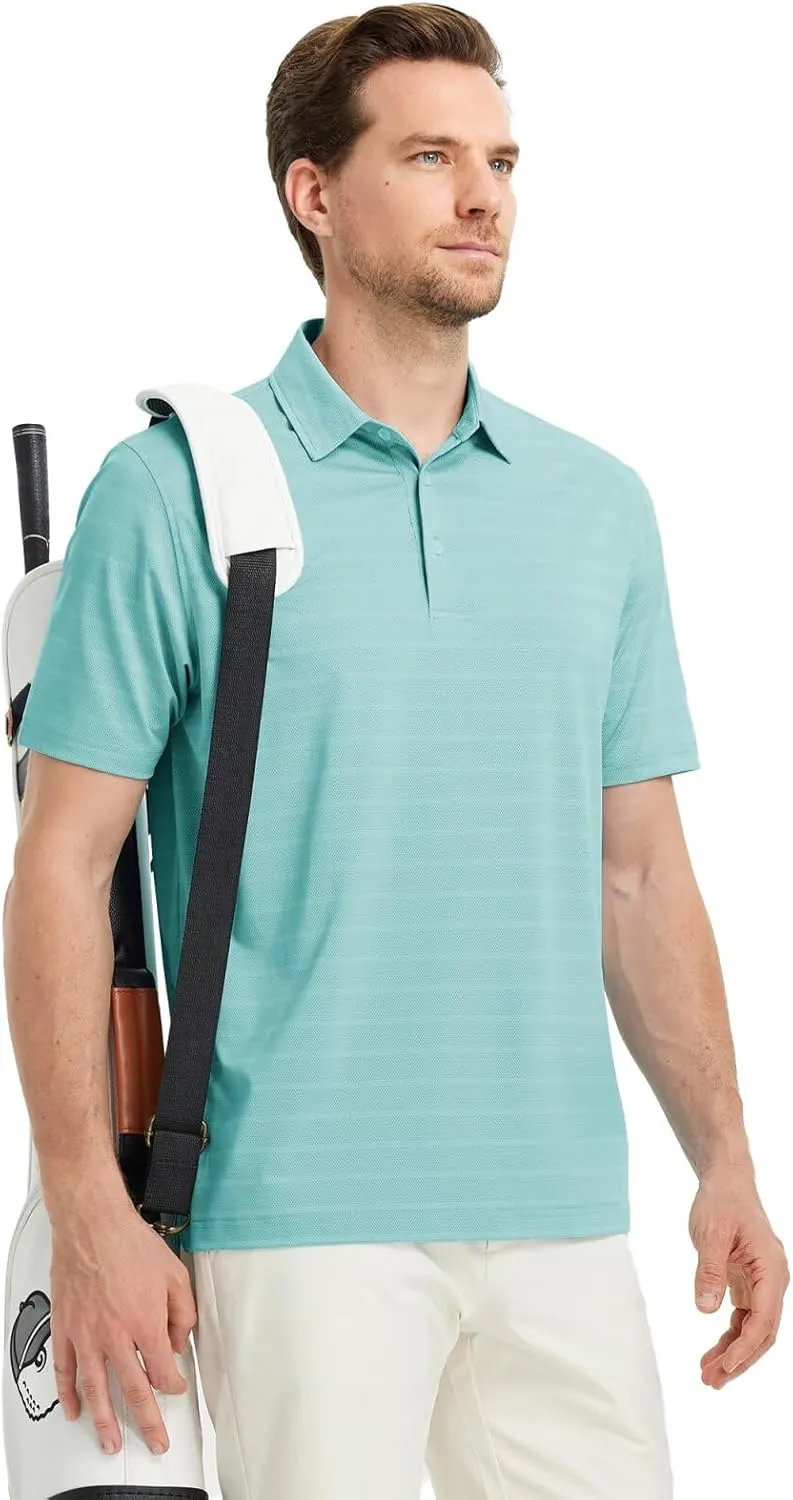 M MAELREG Men's Golf Shirts Moisture Wicking Dry Fit Lightweight Performance Short Sleeve Jacquard Striped Polo Shirts