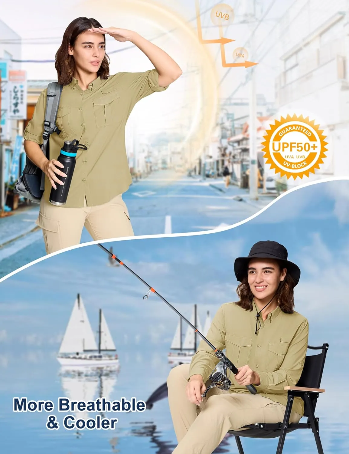 MAGCOMSEN Women's UPF 50  Long Sleeve Fishing Shirts UV Sun Protection Quick Dry Button Down Safari Hiking Travel Shirts