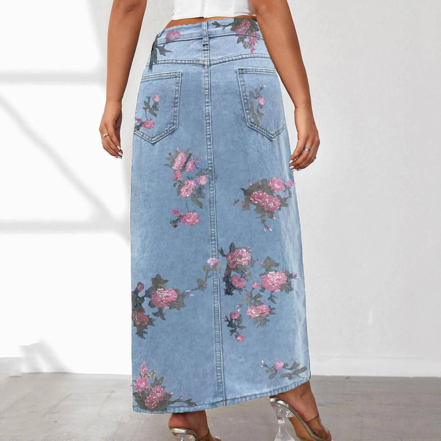 Maxi Skirts for Women High Slit Denim Hip-Wrapped Skirt Floral Print Long Jean Skirts Trendy Sexy Camo Flowy Skirt