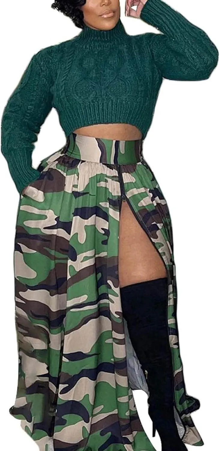 Maxi Skirts for Women High Slit Denim Hip-Wrapped Skirt Floral Print Long Jean Skirts Trendy Sexy Camo Flowy Skirt