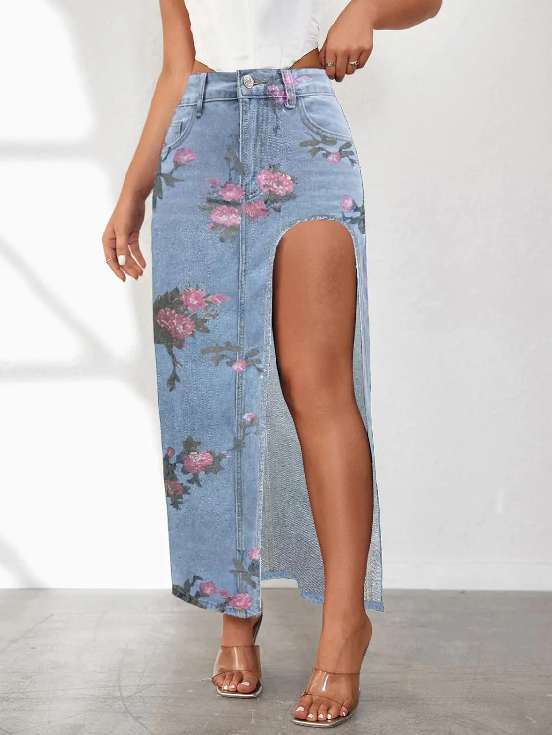 Maxi Skirts for Women High Slit Denim Hip-Wrapped Skirt Floral Print Long Jean Skirts Trendy Sexy Camo Flowy Skirt