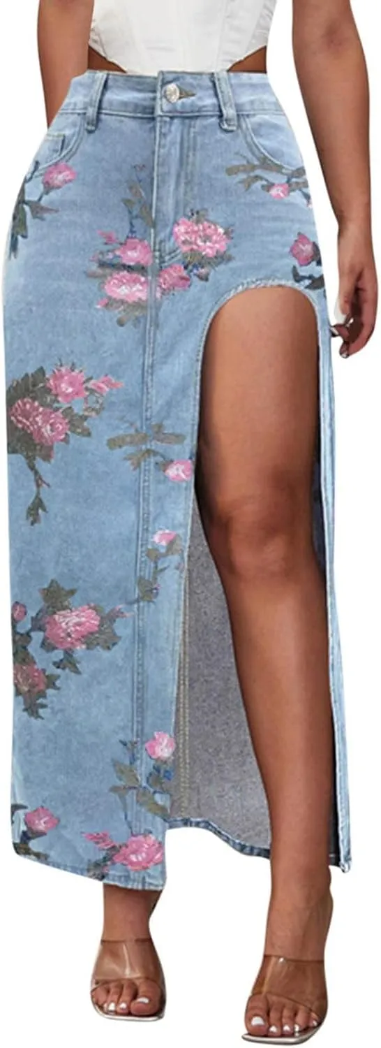 Maxi Skirts for Women High Slit Denim Hip-Wrapped Skirt Floral Print Long Jean Skirts Trendy Sexy Camo Flowy Skirt