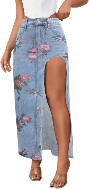 Maxi Skirts for Women High Slit Denim Hip-Wrapped Skirt Floral Print Long Jean Skirts Trendy Sexy Camo Flowy Skirt