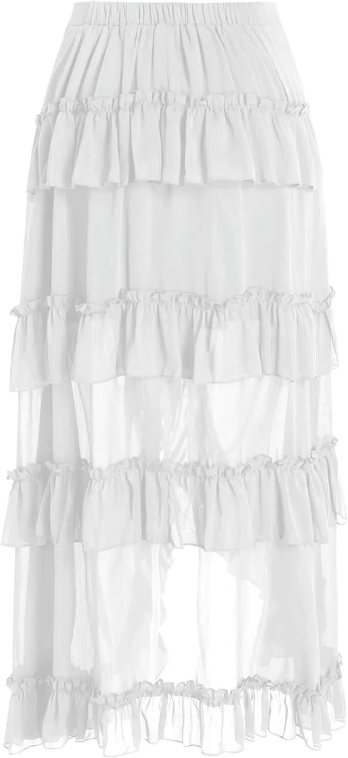 Maxi Skirts for Women Women's Halloween Skirt Irregular Ruffled Skirt Plus Size Skirts Mesh Steampunk Skirt