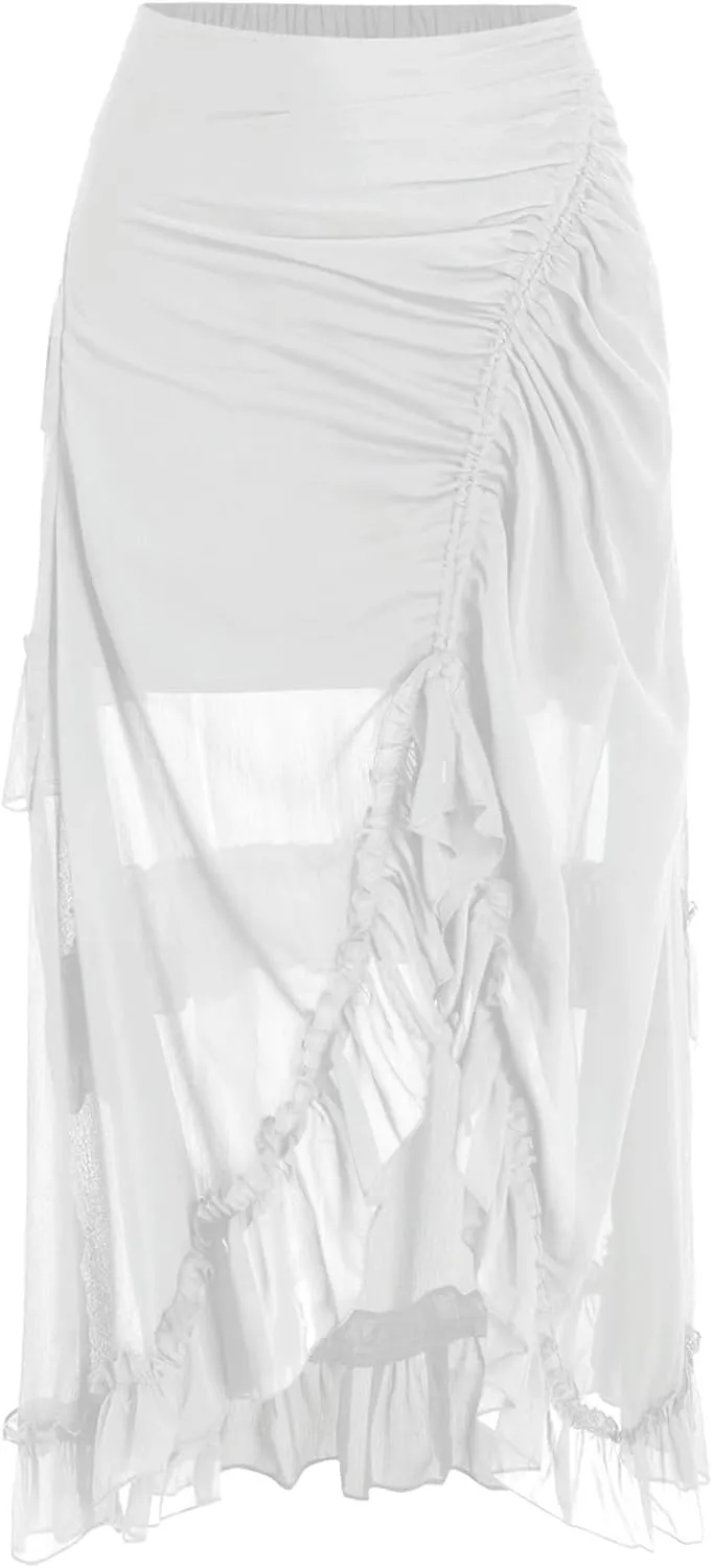 Maxi Skirts for Women Women's Halloween Skirt Irregular Ruffled Skirt Plus Size Skirts Mesh Steampunk Skirt