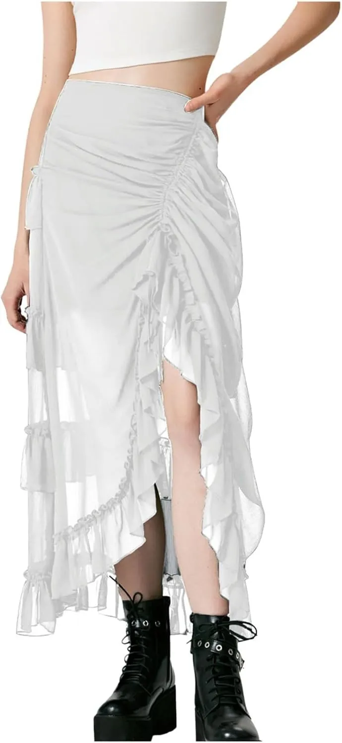 Maxi Skirts for Women Women's Halloween Skirt Irregular Ruffled Skirt Plus Size Skirts Mesh Steampunk Skirt