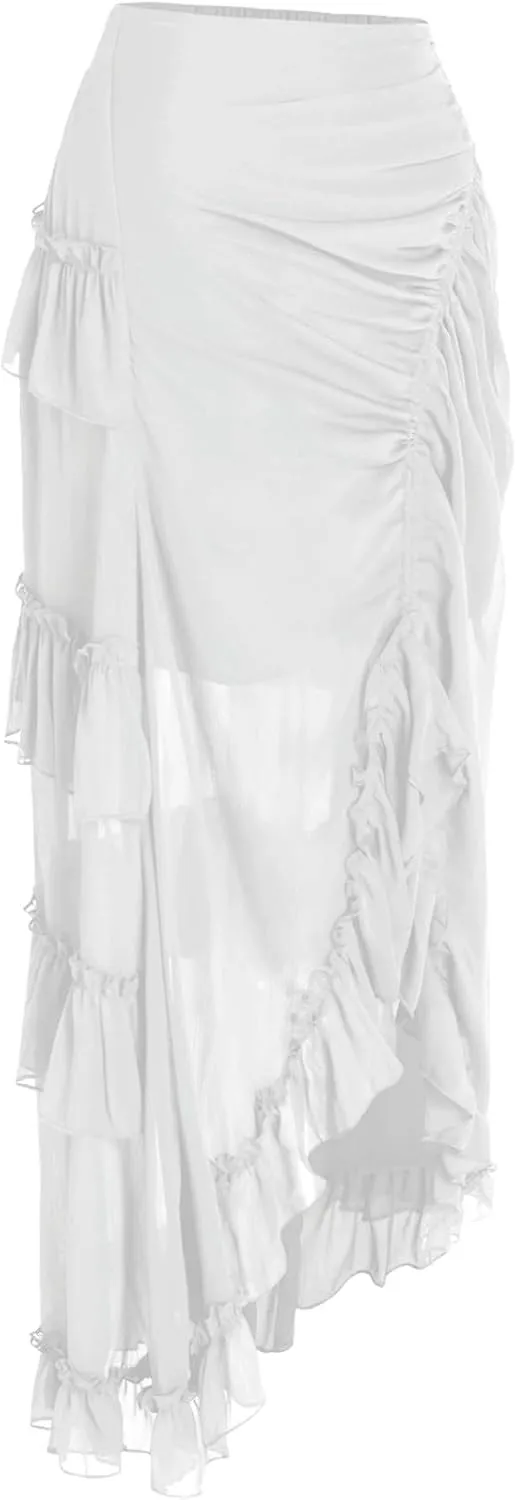 Maxi Skirts for Women Women's Halloween Skirt Irregular Ruffled Skirt Plus Size Skirts Mesh Steampunk Skirt