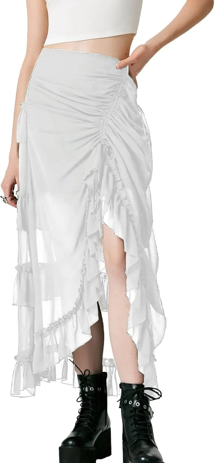 Maxi Skirts for Women Women's Halloween Skirt Irregular Ruffled Skirt Plus Size Skirts Mesh Steampunk Skirt
