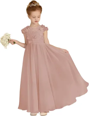 MCieloLuna Chiffon Applique Flower Girl Dresses for Wedding White A-Line Cap Sleeve Formal Bridesmaid Brithday Party Gowns