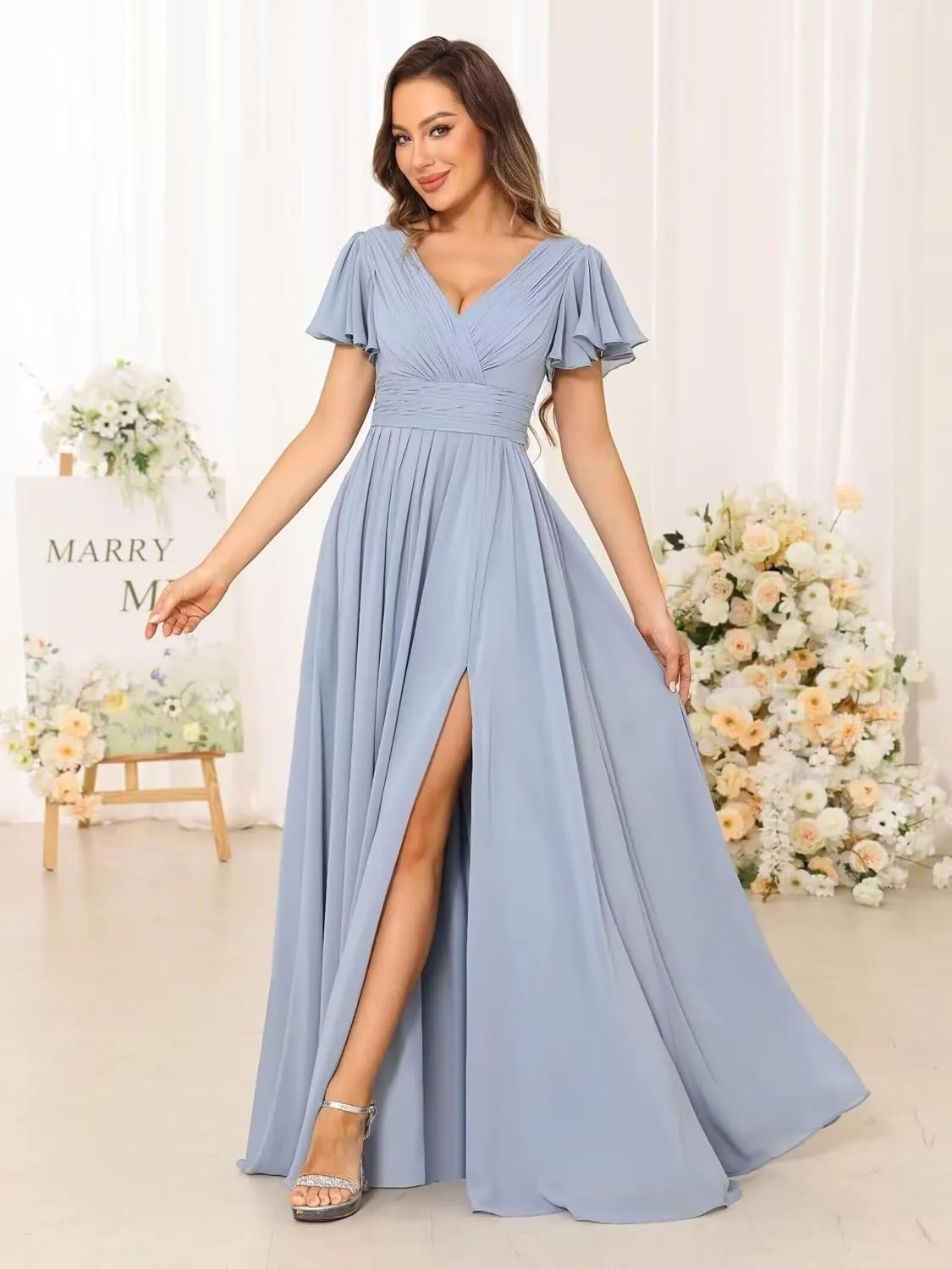 MCieloLuna Women Flowy Chiffon Bridesmaids Dresses Ruffle Sleeve Pleated Wedding Party Formal Long Dresses with Slit