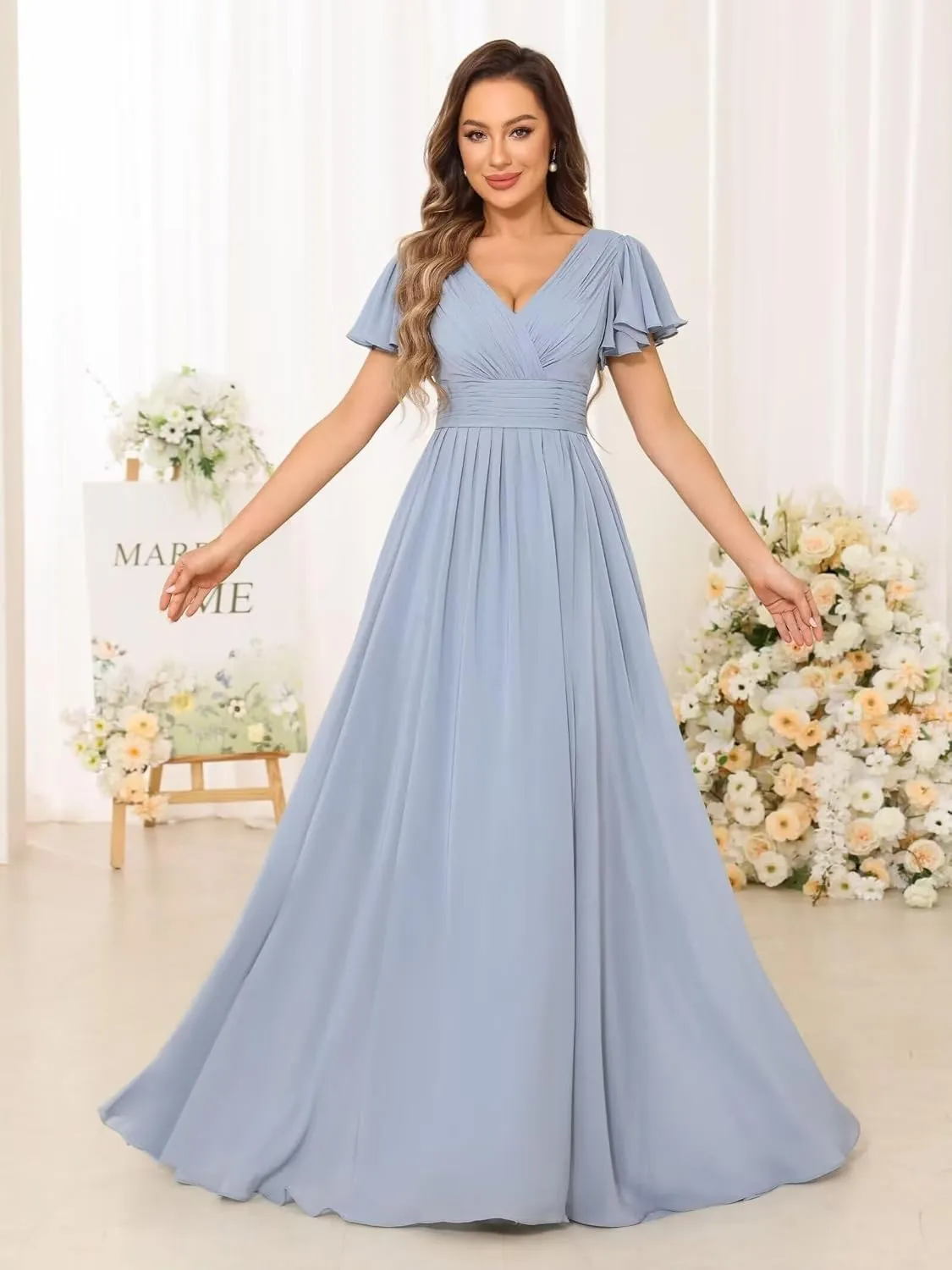 MCieloLuna Women Flowy Chiffon Bridesmaids Dresses Ruffle Sleeve Pleated Wedding Party Formal Long Dresses with Slit