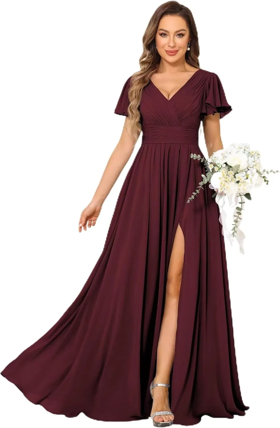MCieloLuna Women Flowy Chiffon Bridesmaids Dresses Ruffle Sleeve Pleated Wedding Party Formal Long Dresses with Slit