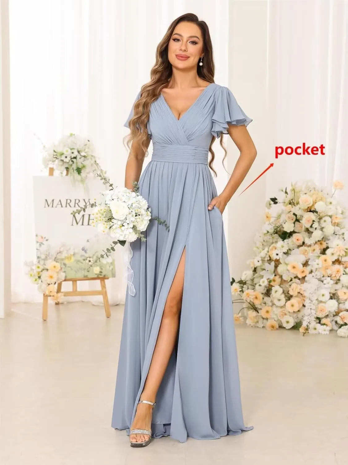 MCieloLuna Women Flowy Chiffon Bridesmaids Dresses Ruffle Sleeve Pleated Wedding Party Formal Long Dresses with Slit