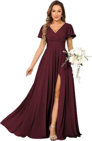 MCieloLuna Women Flowy Chiffon Bridesmaids Dresses Ruffle Sleeve Pleated Wedding Party Formal Long Dresses with Slit