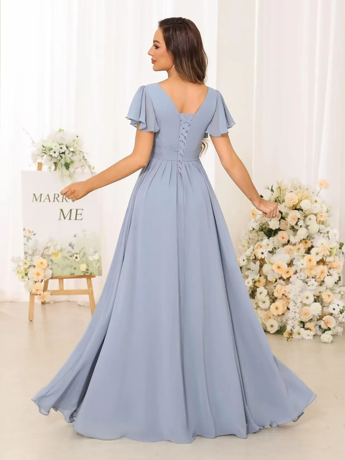 MCieloLuna Women Flowy Chiffon Bridesmaids Dresses Ruffle Sleeve Pleated Wedding Party Formal Long Dresses with Slit