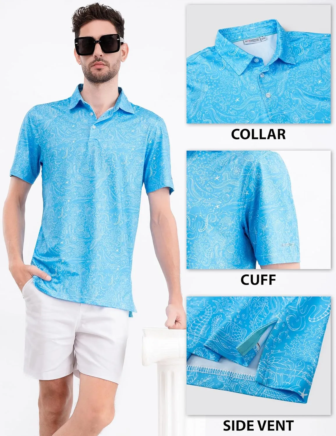 Men's Golf Shirts Short Sleeve Moisture Wicking Print Patterns Collared Performance Polo Golf Shirts for Men Dry Fit