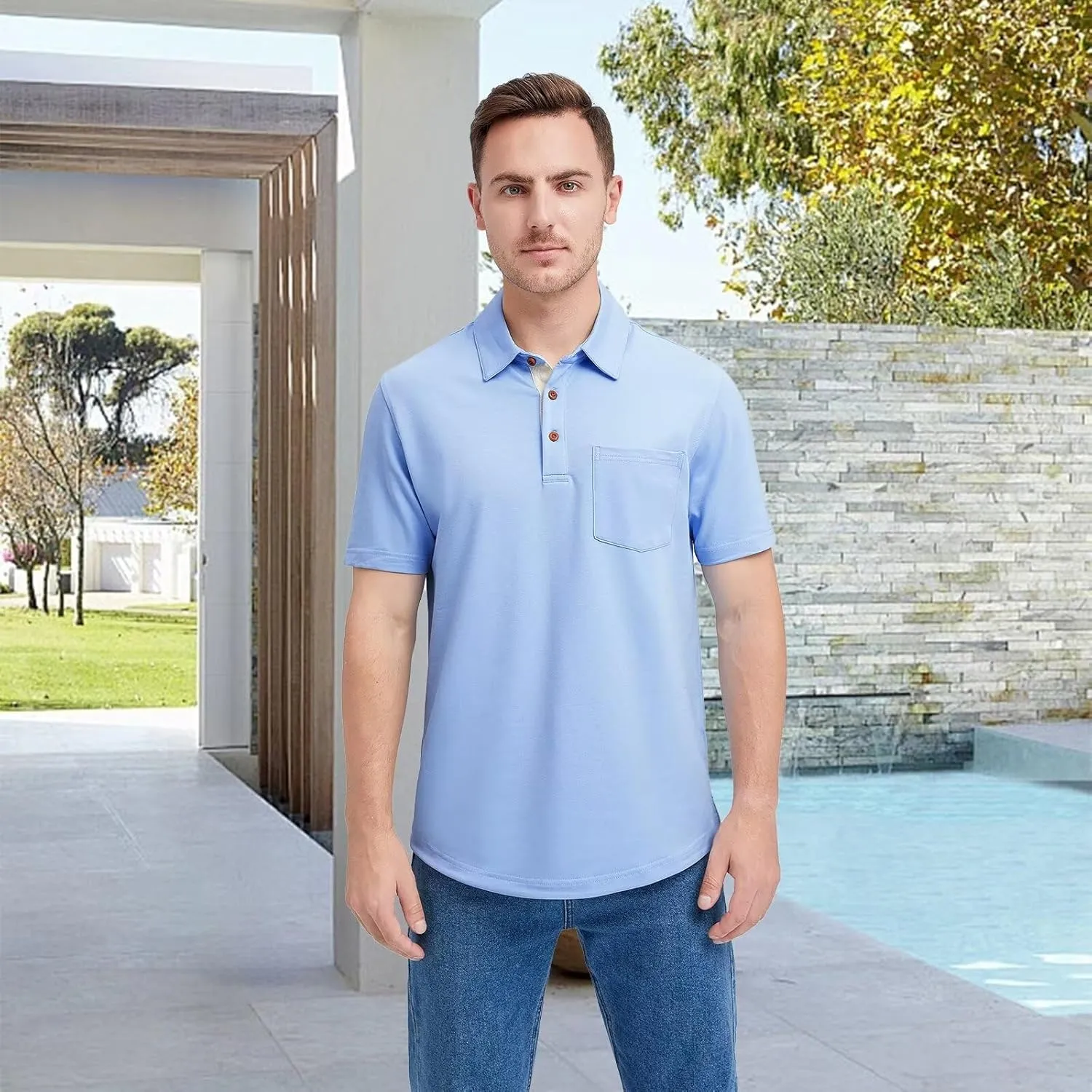 Mens Long and Short Sleeve Polo Shirts Pocket Casual Solid Cotton Blend Drop Cut Collared Polo Shirts for Men
