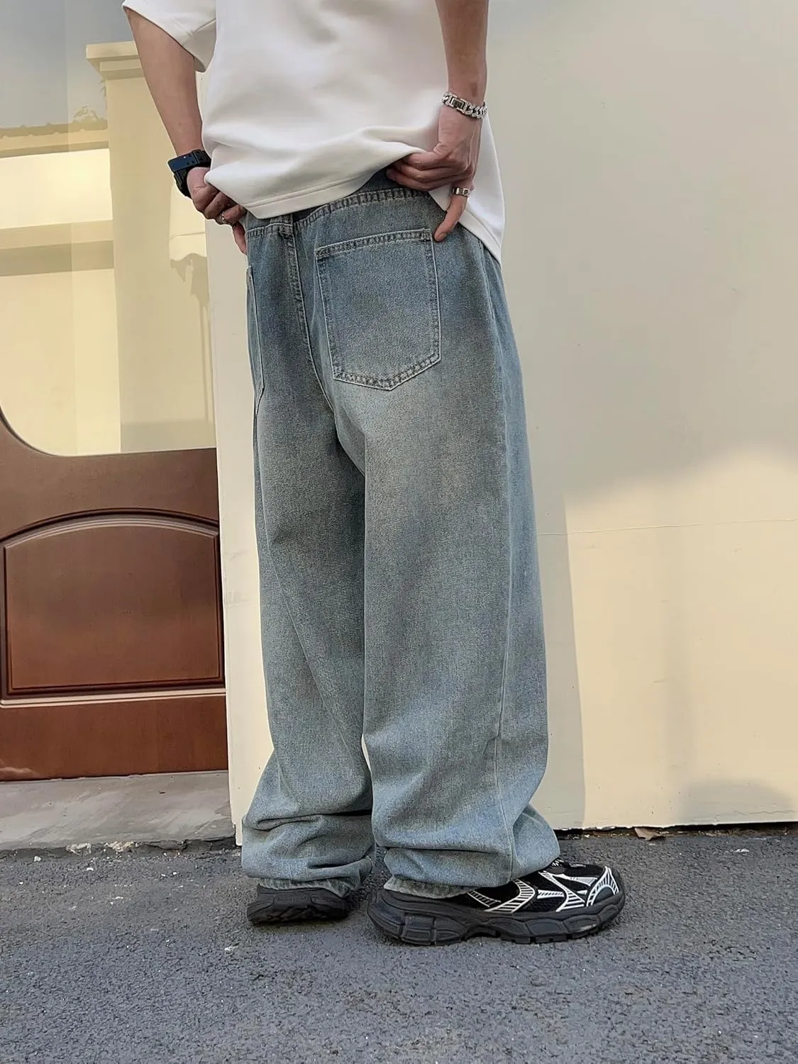Mens Streetwear Hip Hop Baggy Jeans Wide Leg Skater Denim Pants Loose Long Trousers