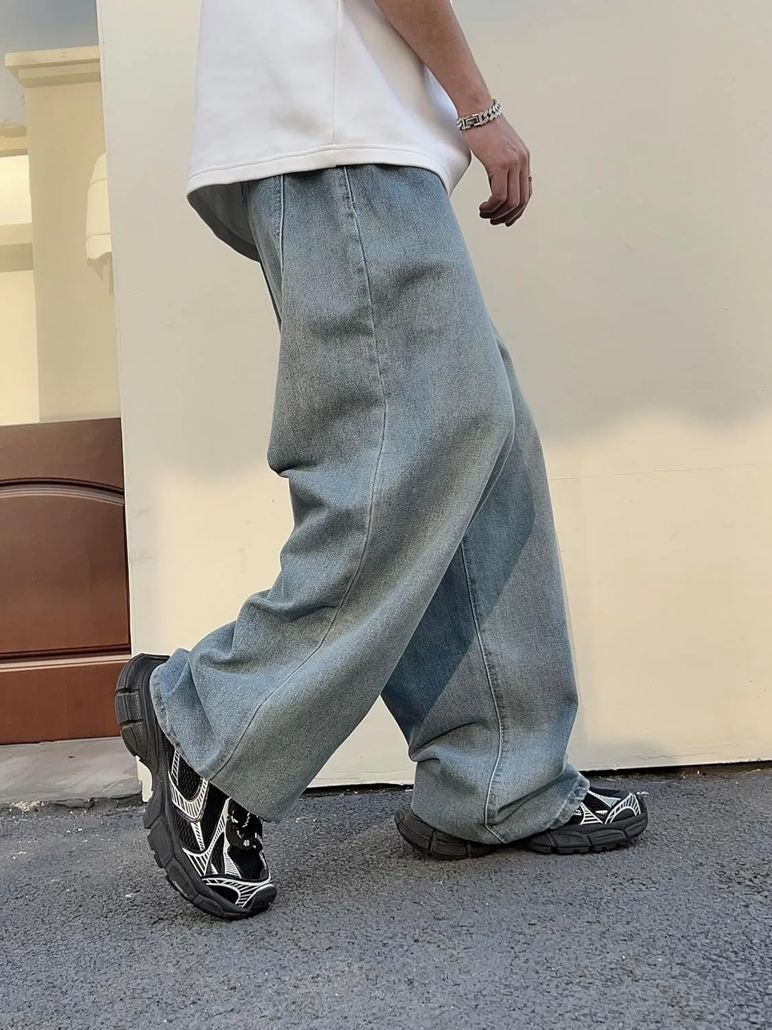 Mens Streetwear Hip Hop Baggy Jeans Wide Leg Skater Denim Pants Loose Long Trousers