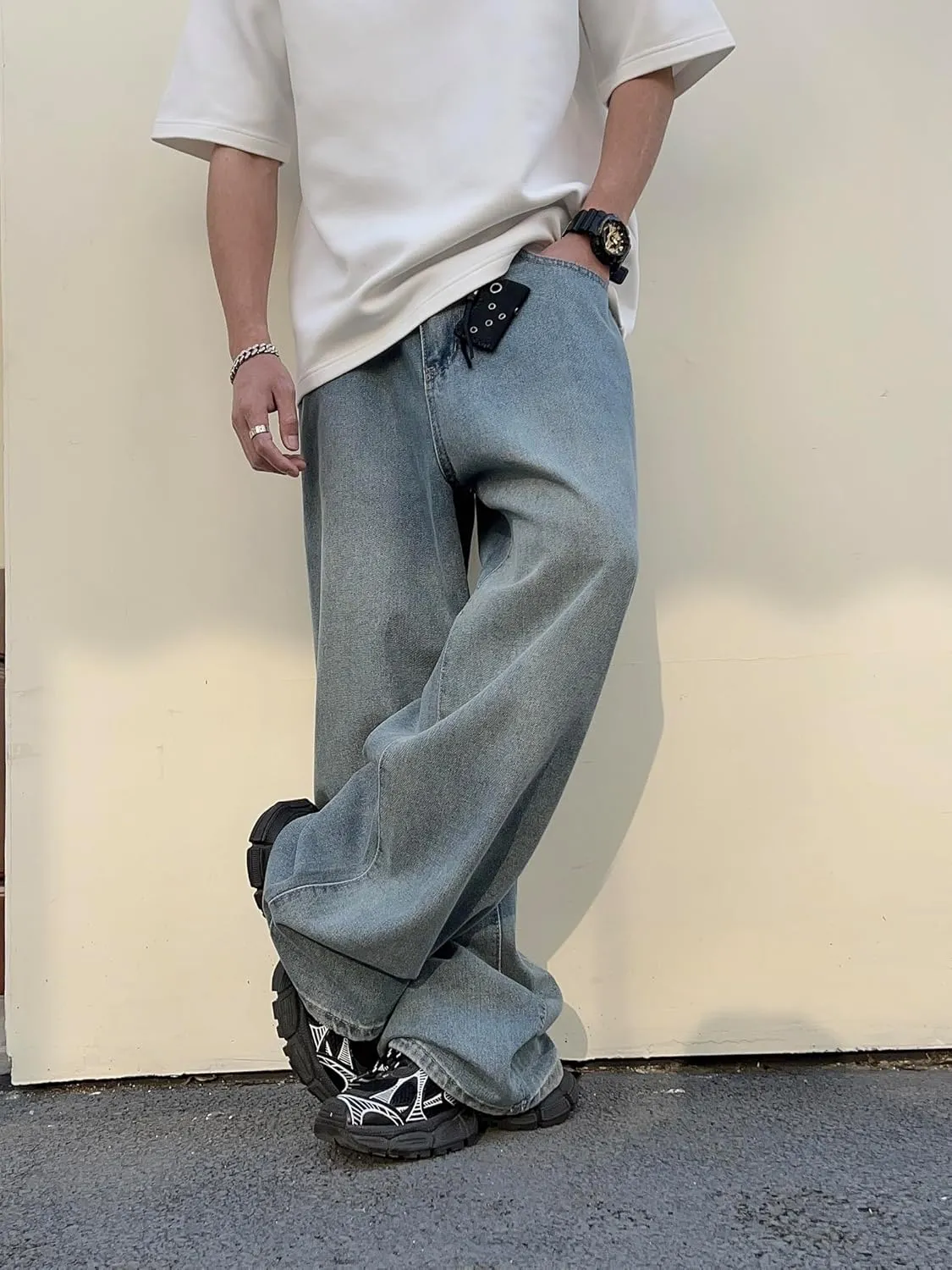Mens Streetwear Hip Hop Baggy Jeans Wide Leg Skater Denim Pants Loose Long Trousers