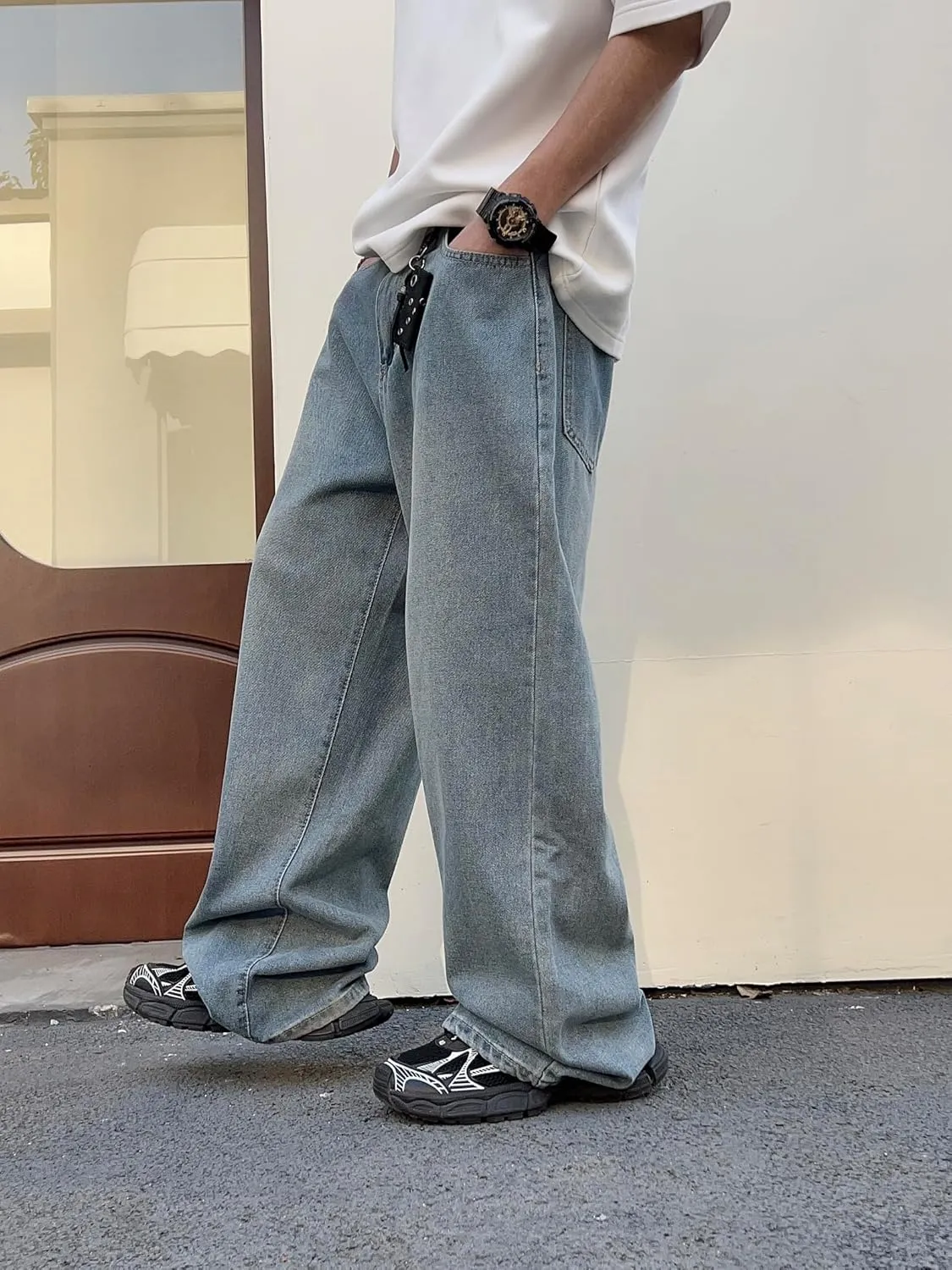 Mens Streetwear Hip Hop Baggy Jeans Wide Leg Skater Denim Pants Loose Long Trousers