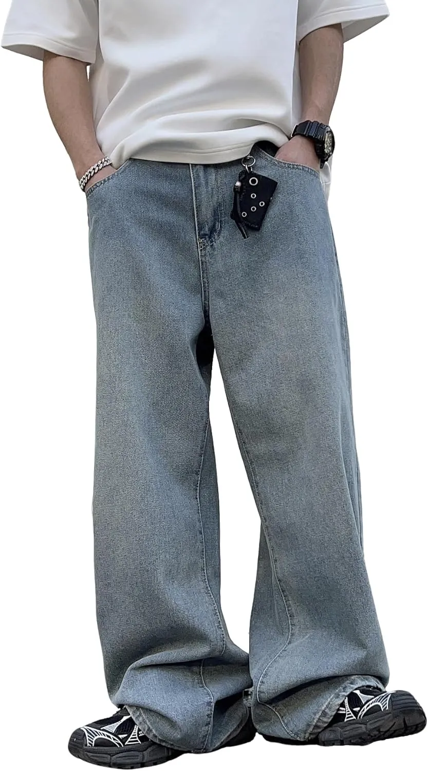 Mens Streetwear Hip Hop Baggy Jeans Wide Leg Skater Denim Pants Loose Long Trousers